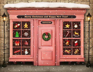 Christmas festive illustration or poster with storefront items Christmas or New Year