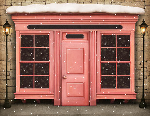 Vintage winter background with  storefront. 