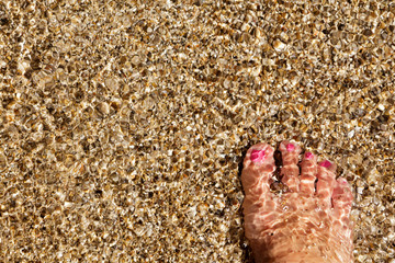 Wet female feet by water on sand