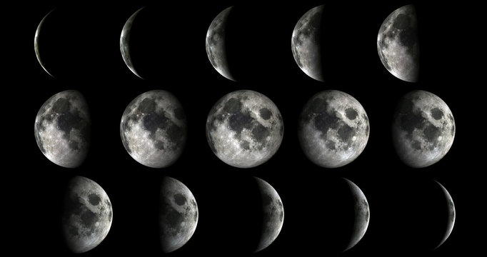 Phases of the moon from new to full. Elements of this image furnished by NASA