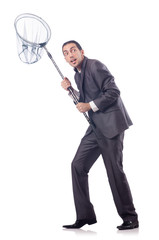 Funny businessman with catching net on white