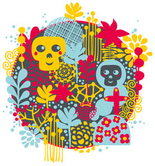 Seamless background with sculls and black cats.