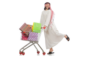 Arab man doing shopping isolated on white