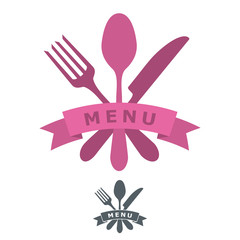Simple menu or restaurant logo or icon with vector cutlery items such as fork, knife and spoon. Ribbon. Banner for text adding / Restaurant Silverware icons - Cutlery set