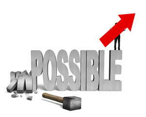 Man holding arrow up smashed impossible word with sledgehammer