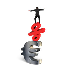 Businessman balancing on red percent symbol and euro sign