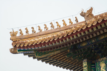 Fototapeta na wymiar Dach in der Verbotenen Stadt. Goldene Figuren Zeichen vom Buddhismus.