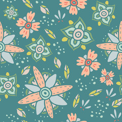 Fun floral autumn background. Seamless vector pattern. Pastel colors.