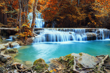 Waterfall Huay Mae Kamin, beautiful waterfall in autumn forest