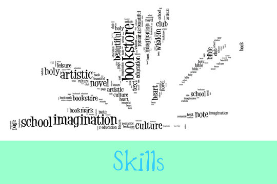 Open book made of black words on a white background with the message "Skills" under it - Word cloud