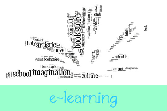 Open book made of black words on a white background with the message "e-learning" under it - Word cloud