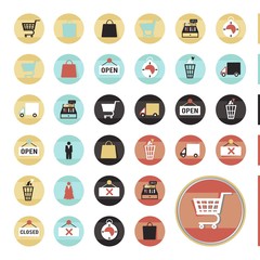 Modern flat icons. Vector.  In stylish colors of shopping objects and items. Isolated on white background.