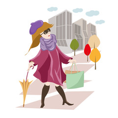 A slender woman in fashionable coat for autumn city street