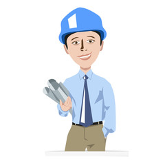 Engineer man in a helmet with drawings