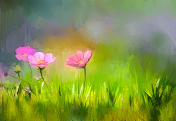 Oil painting nature grass flowers. Hand paint close up pink cosmos flower, pastel floral and shallow depth of field. Blurred nature background. Spring flowers nature background 