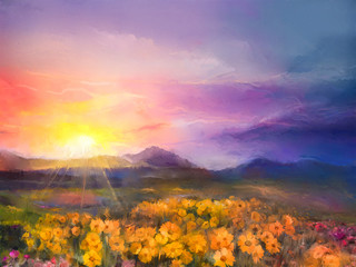 Fototapeta na wymiar Oil painting yellow- golden daisy flowers in fields. Sunset meadow landscape with wildflower, hill and sky in orange and blue violet color background. Hand Paint summer floral Impressionist style