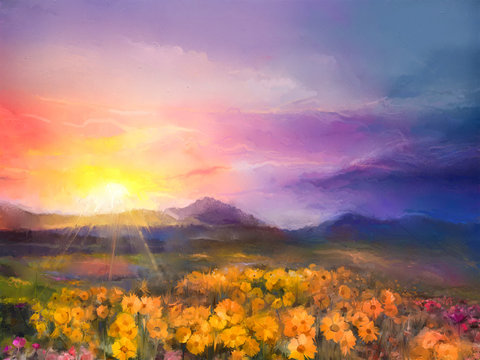 Oil painting yellow- golden daisy flowers in fields. Sunset meadow landscape with wildflower, hill and sky in orange and blue violet color background. Hand Paint summer floral Impressionist style