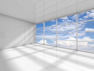 Fototapeta na wymiar Empty room with clouds behind the window. 3d