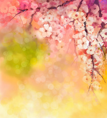 Watercolor Painting Cherry blossoms - Japanese cherry - Sakura floral in soft color over blurred nature background. Spring flower seasonal nature background with bokeh
