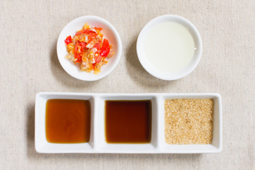 Seasoning or Ingredient of Thai Food. Granulated Sugar and Soy and Oyster