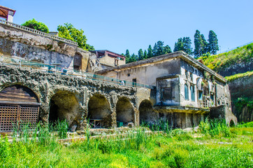 ruins of herculaneum destroyed by vesuvius volcano are less famous than ruins of pompeii, but...