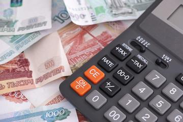 Russian ruble banknotes and calculator