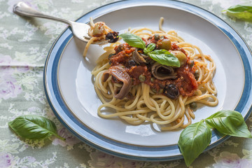 Spaghetti with traditional Italian puttanesca sauce