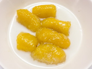 Fresh and sweet boiled banana with coconut milk