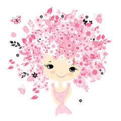 Female portrait with floral hairstyle for your design