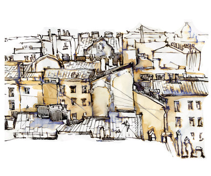Hand made sketch of old street. 