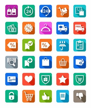 Icons, buy, online store, discounts, payment, delivery, colored background, shadow. 