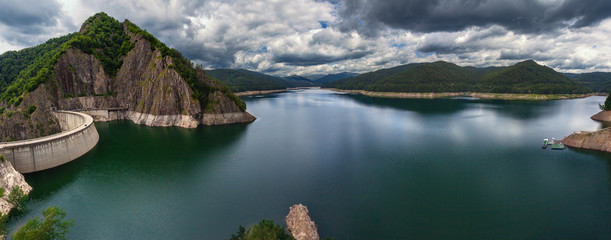Mountain landscape panorama with dam and lake - obrazy, fototapety, plakaty