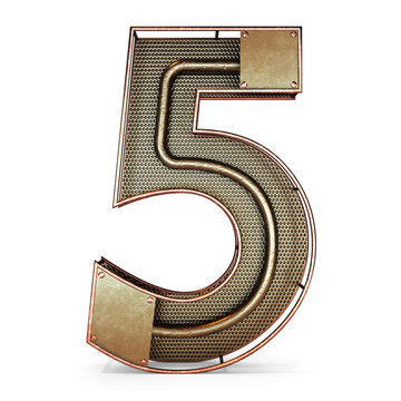 3d number five 5 symbol with rustic gold metal, mesh, tubes with copper and brass accents.Isolated on a white background.