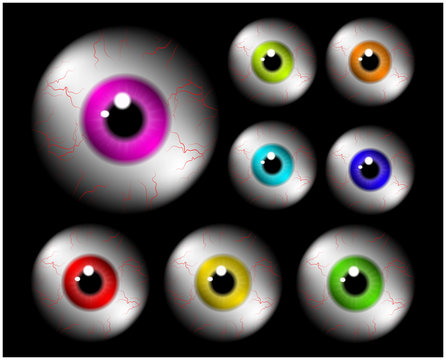 Set of realistic human eye ball with colorful pupil, iris. Vector illustration isolated on black background.