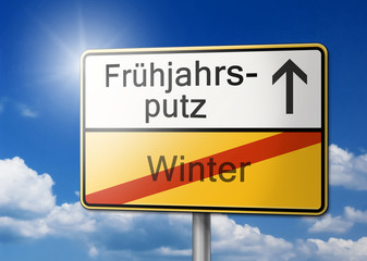 Frühjahrsputz Winter Frühling Schild 