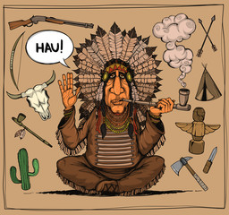 Chieftain of indians. And set objects related to Indians. Colored