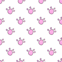 Seamless pattern with cartoon cat paws. Hand-drawn background
