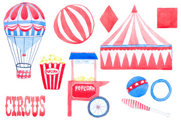 Circus. Hand-drawn set with circus elements. Real watercolor © runlenarun
