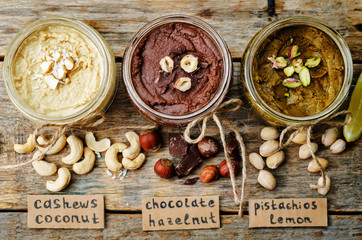 Fototapeta premium list toasted nut butters, pistachio, hazelnut and cashew