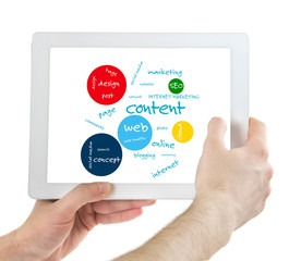 Connected words on touch-screen tablet-pc, isolated on white