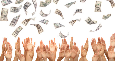 Many hands reaching out for money, isolated on white