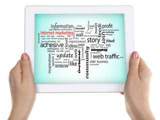 Connected words on touch-screen tablet-pc, isolated on white