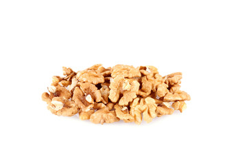 Pile of walnut kernels isolated on white
