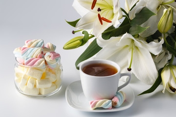 Morning tea cup with colored marshmallow