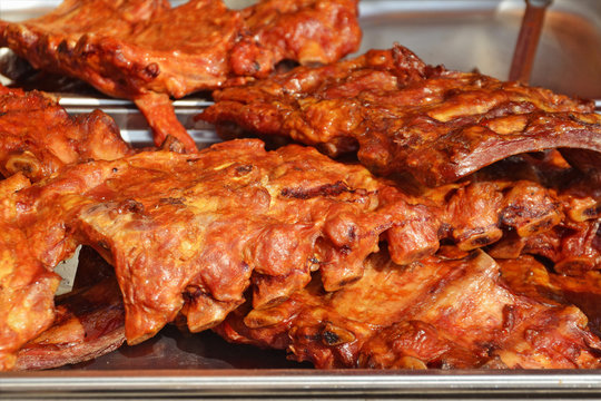 Barbecued pork ribs spiced and marinated.