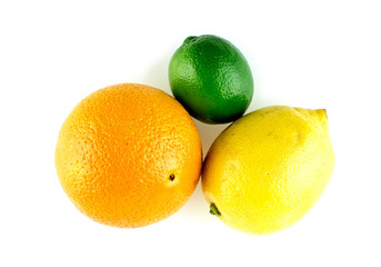 Triad of citrus fruits, with orange, lime and lemons
