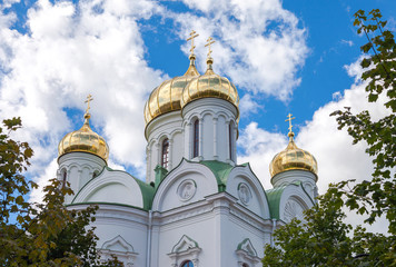 Fototapeta na wymiar Golden domes of Catherine cathedral against blue sky. Tsarskoye