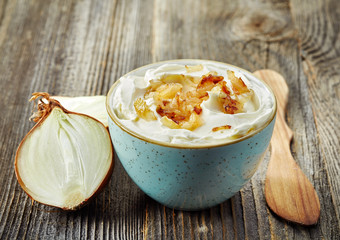 bowl of dip sauce with caramelized onions