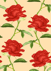 Beautiful seamless background with roses with stem and leaves.