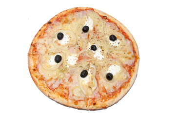 Top view of pizza with onion rings and black olives